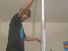 Tattooed straight thug masturbating after using a dance pole