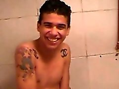 Naughty gay boy takes a sticky cum shower on cam