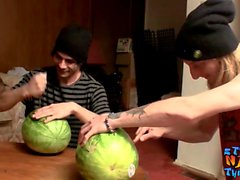 Straight inked guys fuck watermelons until cumming